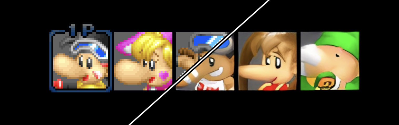 Original and upscaled Snowboard Kids character-select portraits.