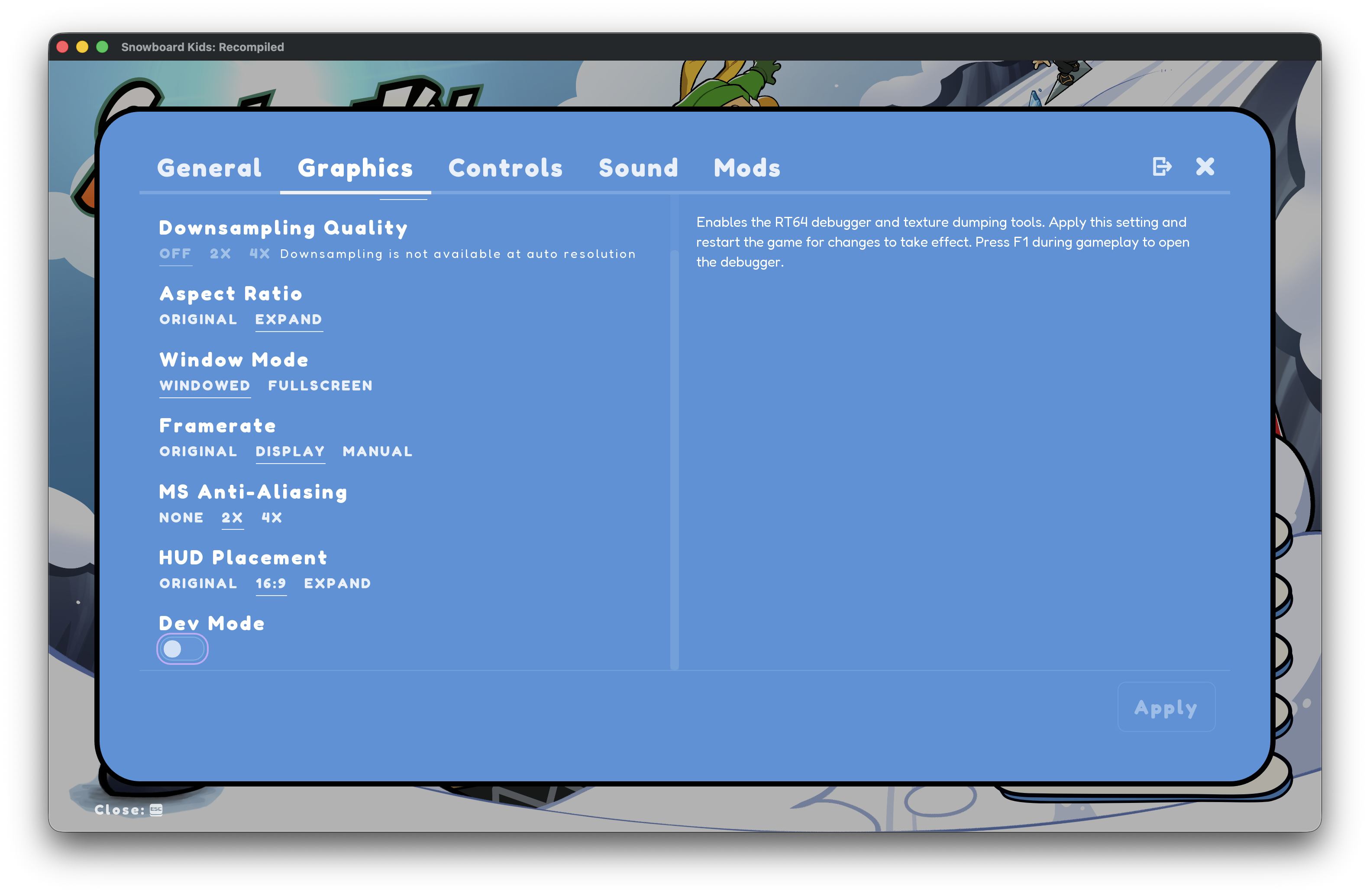 The Graphics settings in Snowboard Kids: Recompiled, with the Dev Mode toggle at the bottom.