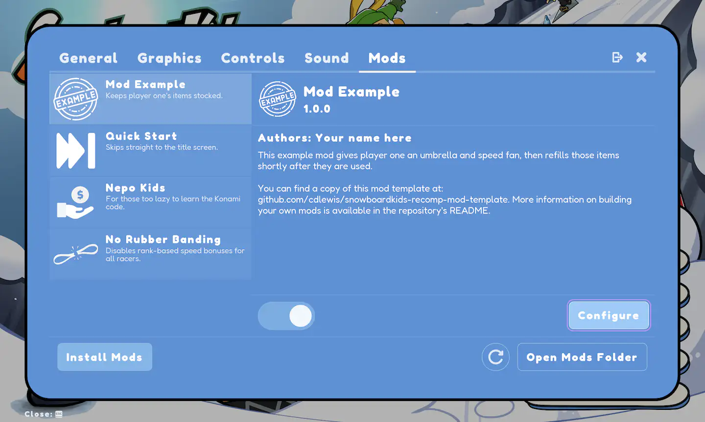 screenshot of the mod menu